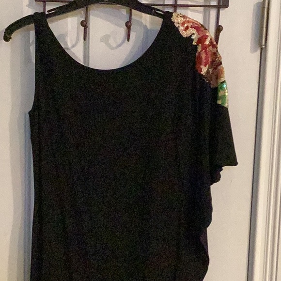 Cache Vintage Black Asymmetric Dress w/ One Flowing Sequin Sleeve - Picture 6 of 10